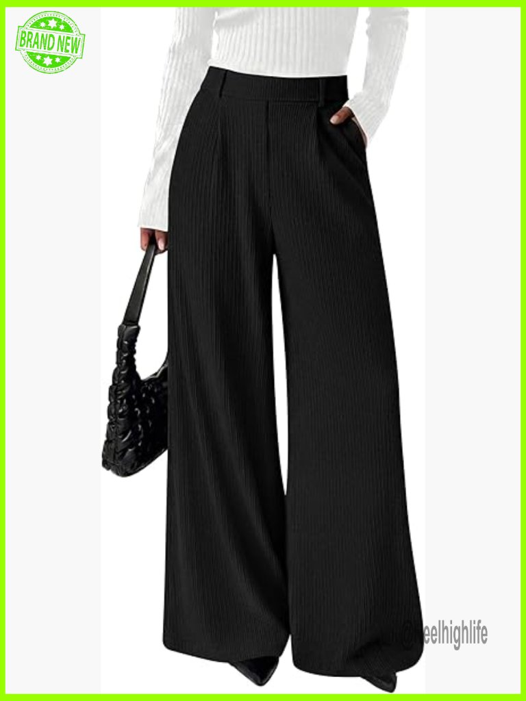 Wide Leg Pants - Work Dressy High Waisted Trousers Ribbed Palazzo Pockets